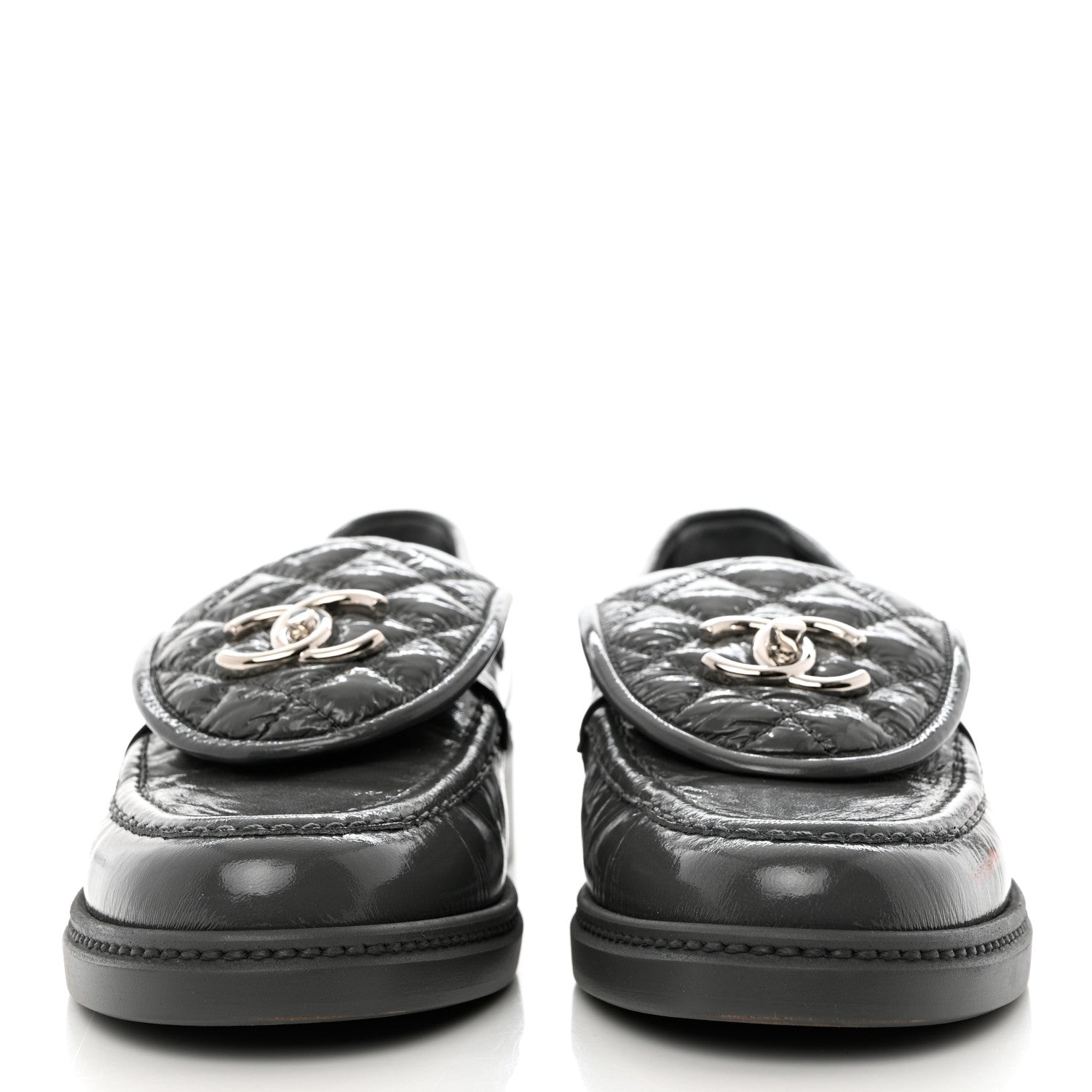 Chanel Crumpled Shiny Lambskin Quilted CC Turnlock Loafers 37 Dark Grey 2 of 9