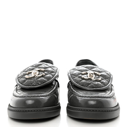 Chanel Crumpled Shiny Lambskin Quilted CC Turnlock Loafers 37 Dark Grey 2 of 9