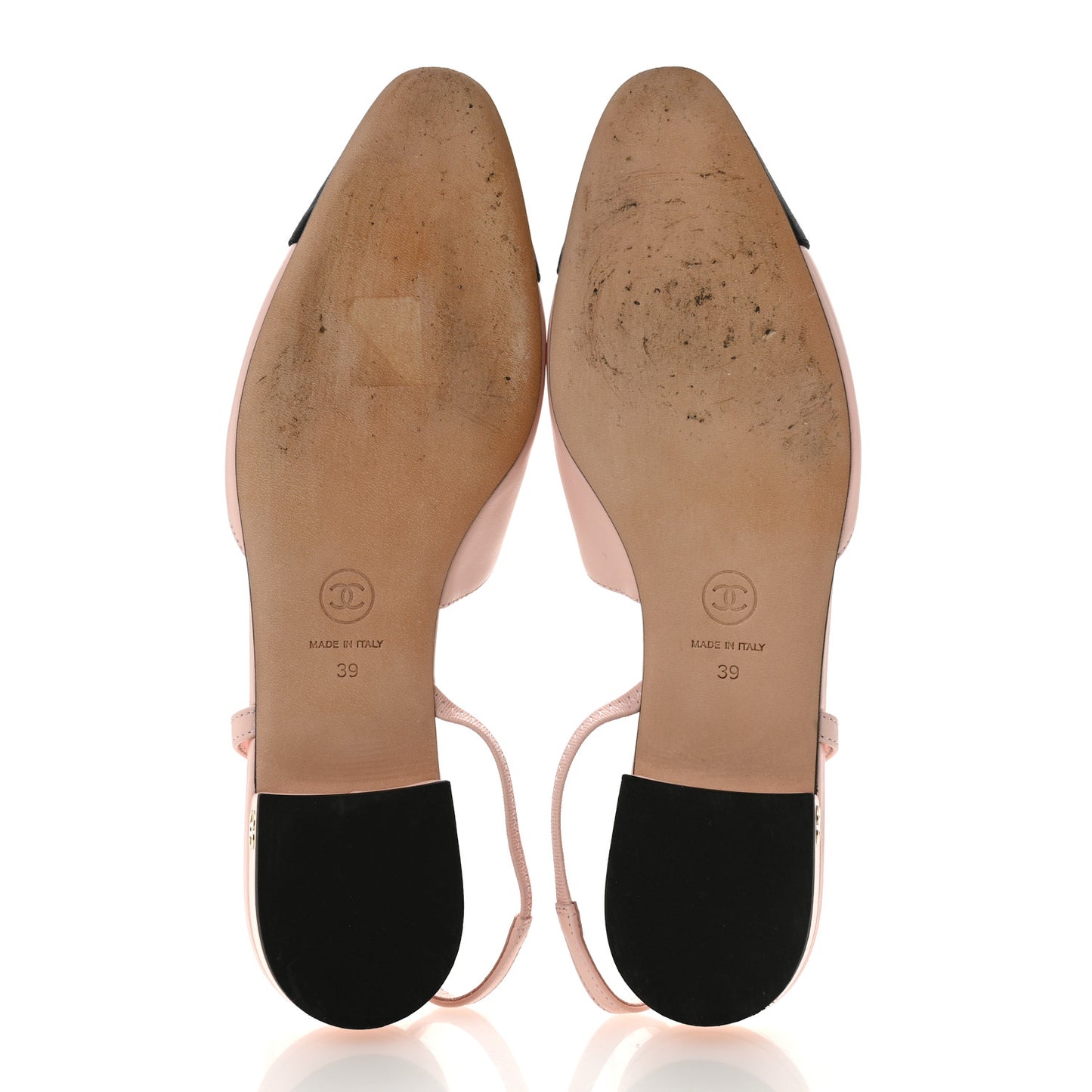 Calfskin Grosgrain Cap Toe CC Slingback Flats 39 Light Pink Black