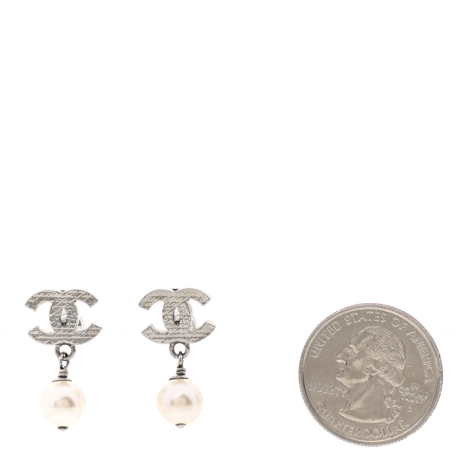Chanel CC Pearl Drop Earrings Silver 2 of 5