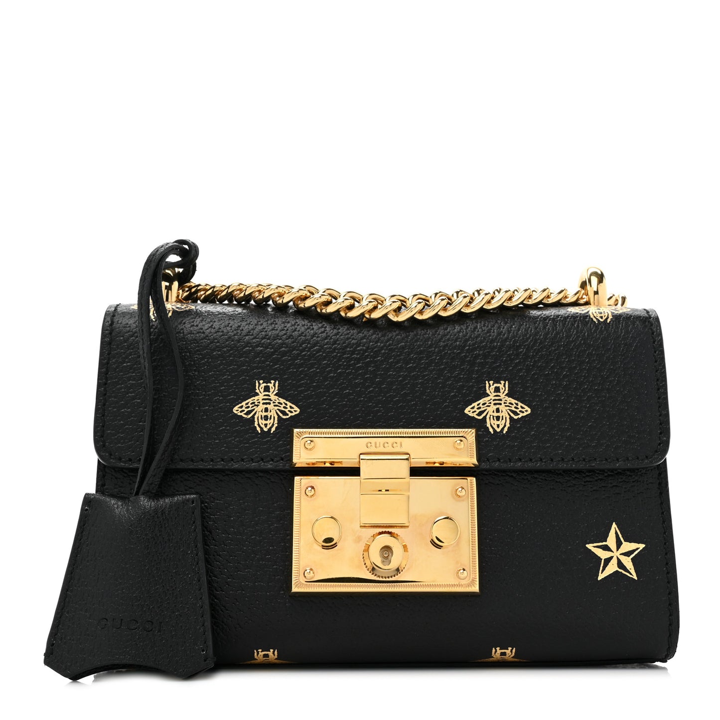 Grained Calfskin Bee Star Small Padlock Shoulder Bag Black