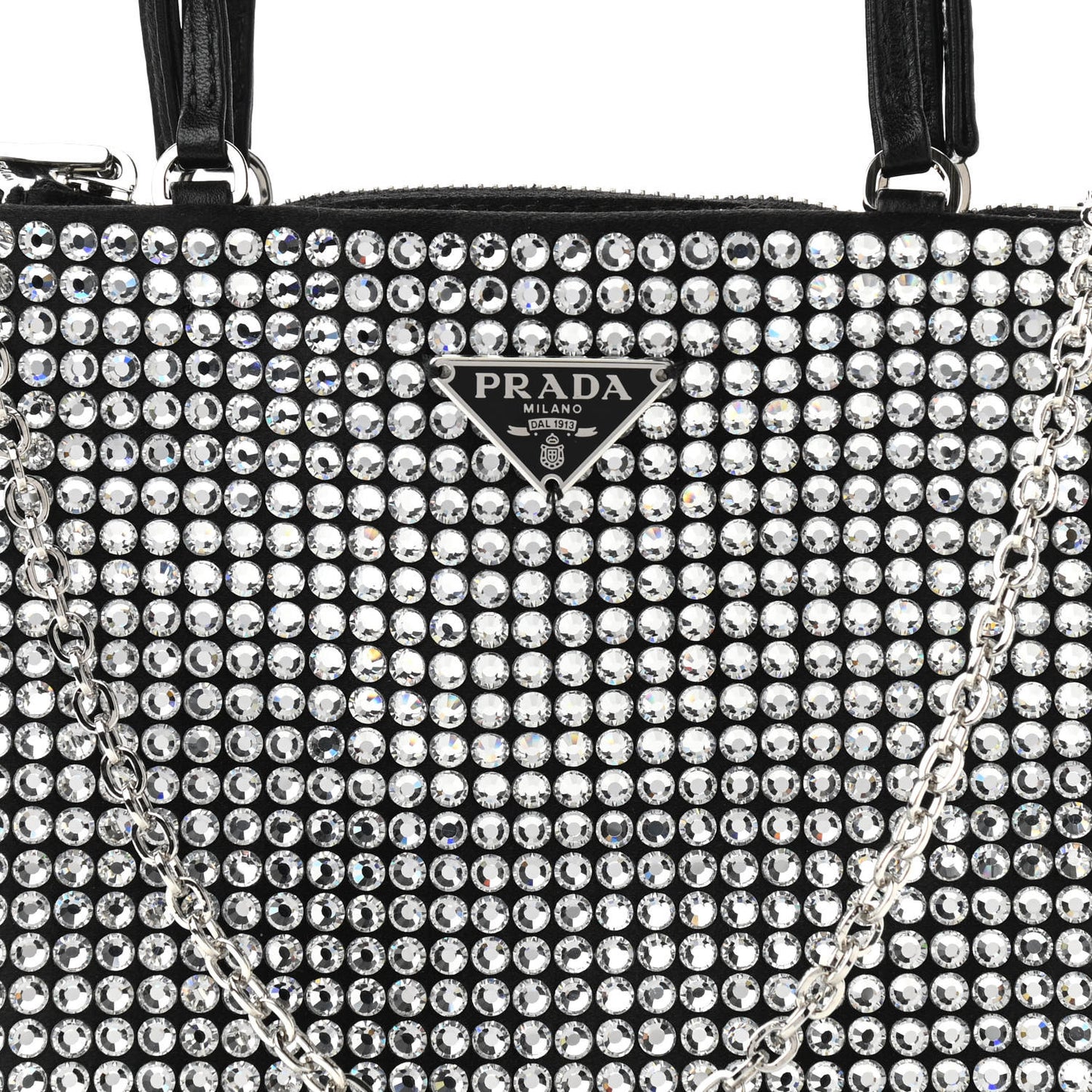 Satin Crystal Metal Triangle Logo Chain Crossbody Handbag Cristal