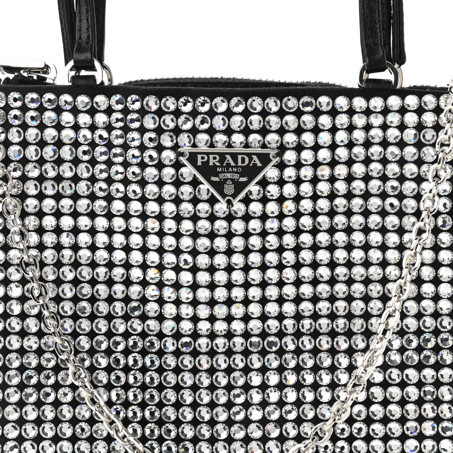 Prada Satin Crystal Metal Triangle Logo Chain Crossbody Handbag Cristal 8 of 10