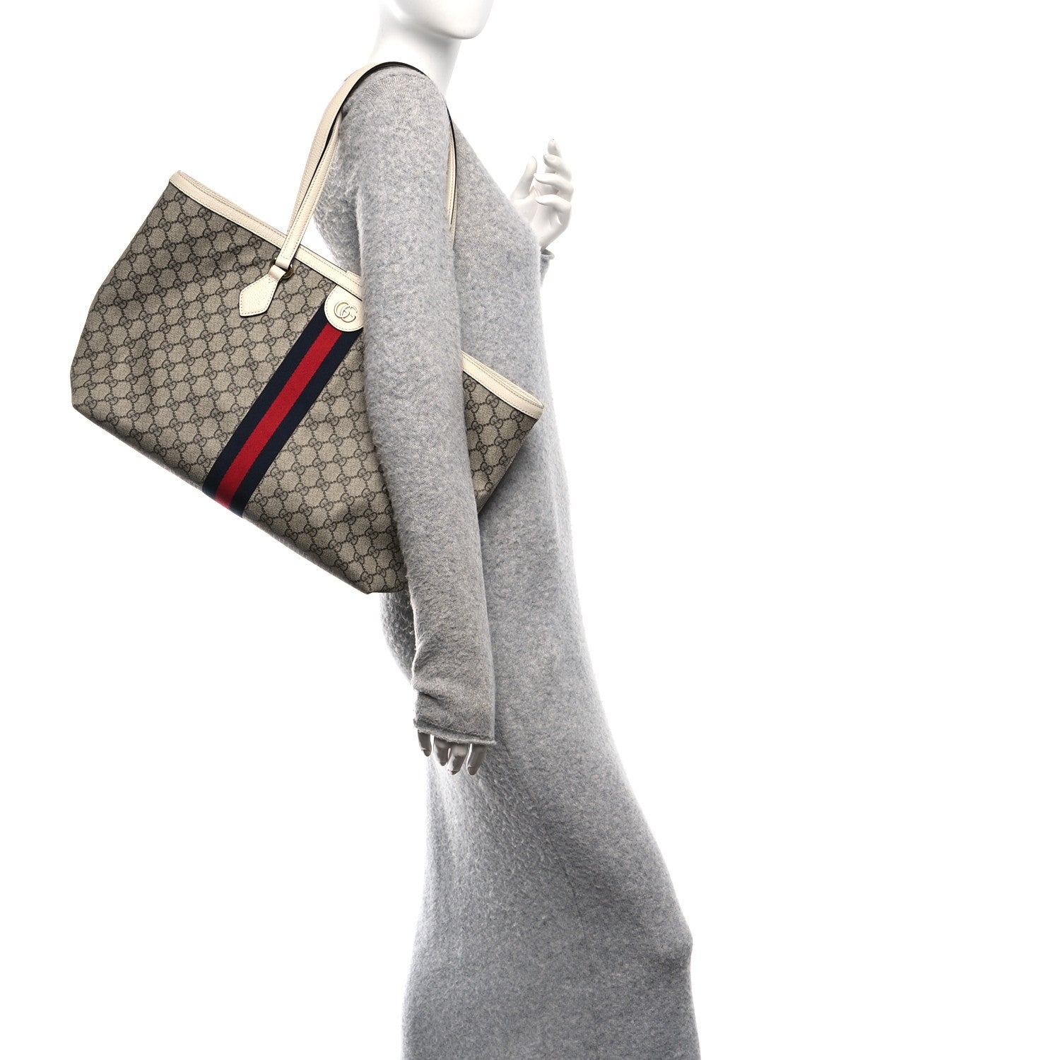 Gucci GG Supreme Monogram Textured Dollar Calfskin Web Medium Ophidia Shopping Tote Beige Ebony Mystic White 2 of 10