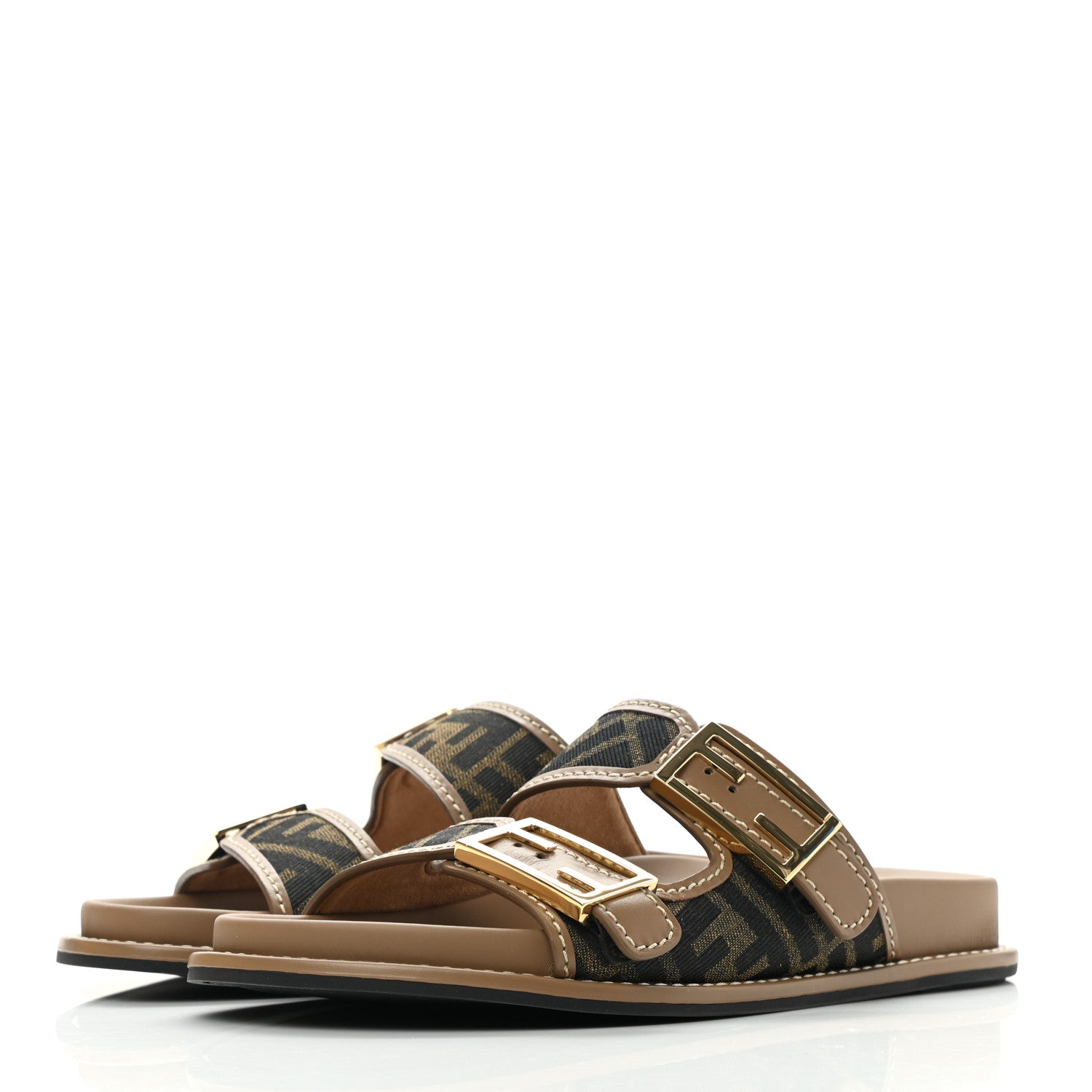 Fendi Fabric Jacquard Nappa FF Womens Fendi Feel Buckled Slide Sandals 36 Tobacco Black Miele Scuro 3 of 9