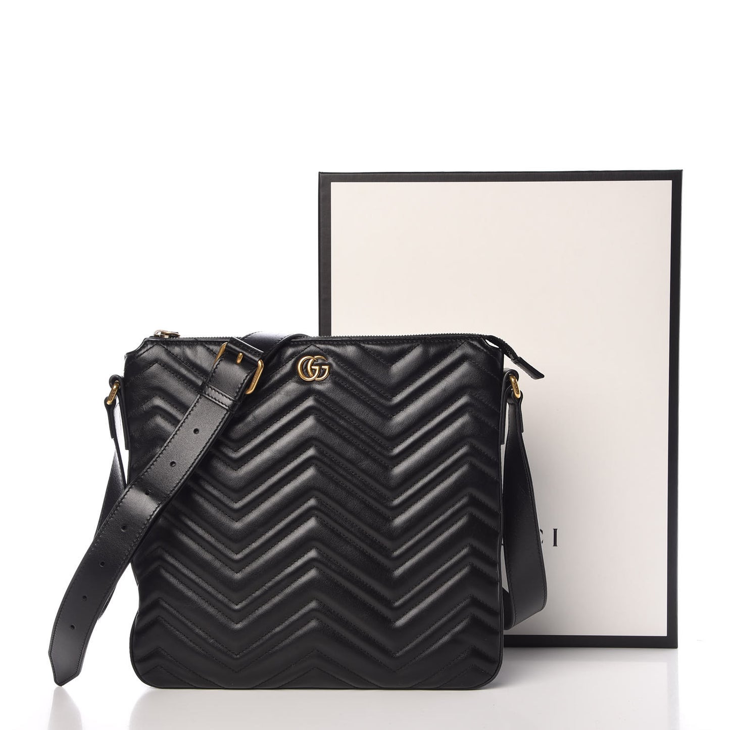 Calfskin Matelasse GG Marmont Flat Messenger Bag Black