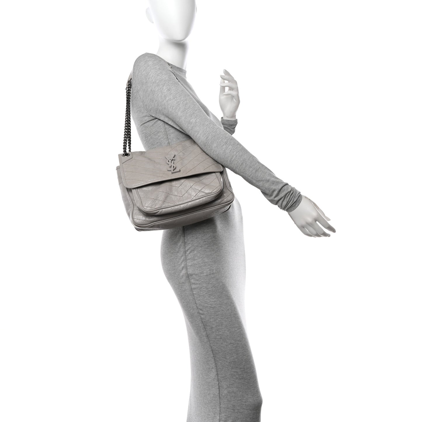 Crinkled Calfskin Matelasse Monogram Medium Niki Chain Satchel Granite