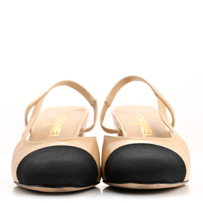 Chanel Goatskin Grosgrain Cap Toe CC Slingback Pumps 38 Beige Black 3 of 12