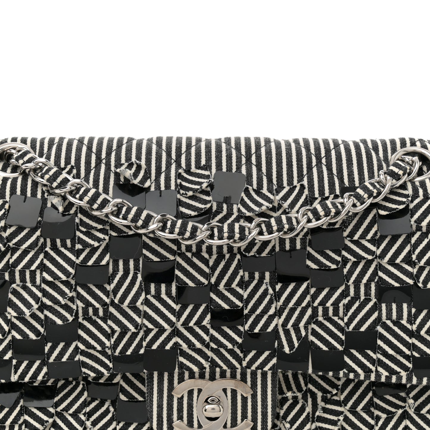 Canvas Sequin Stripe Medium Double Flap Black White