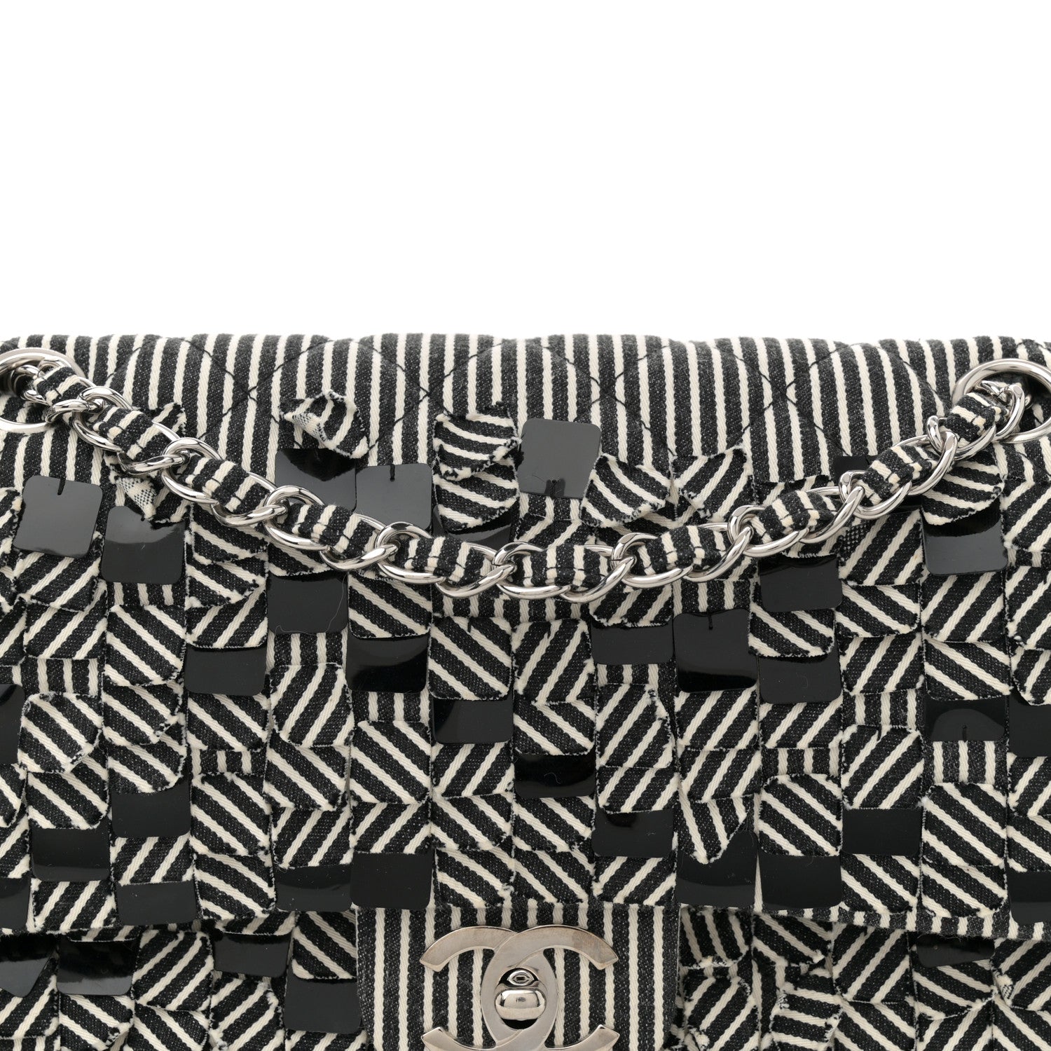 Chanel Canvas Sequin Stripe Medium Double Flap Black White 8 of 10