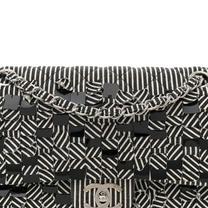 Chanel Canvas Sequin Stripe Medium Double Flap Black White 8 of 10