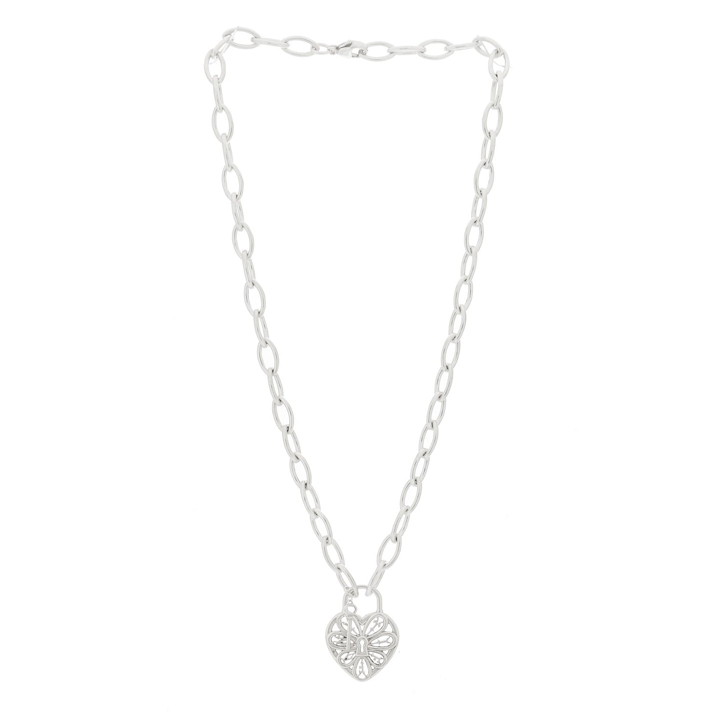 Sterling Silver Filigree Heart Key Pendant Link Necklace