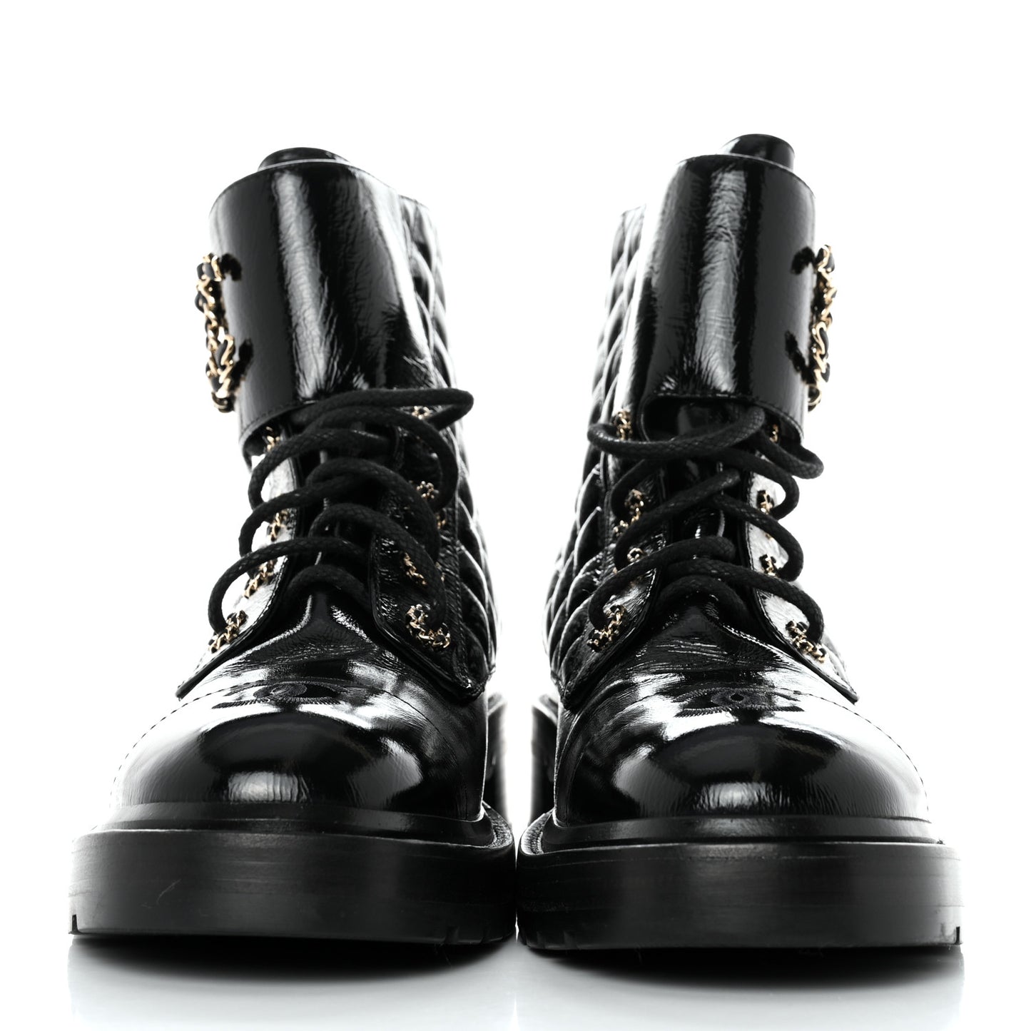Shiny Calfskin Quilted Lace Up Combat Boots 41 Black