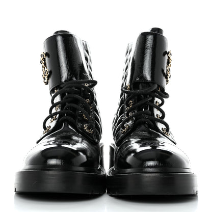 Chanel Shiny Calfskin Quilted Lace Up Combat Boots 41 Black 2 of 8