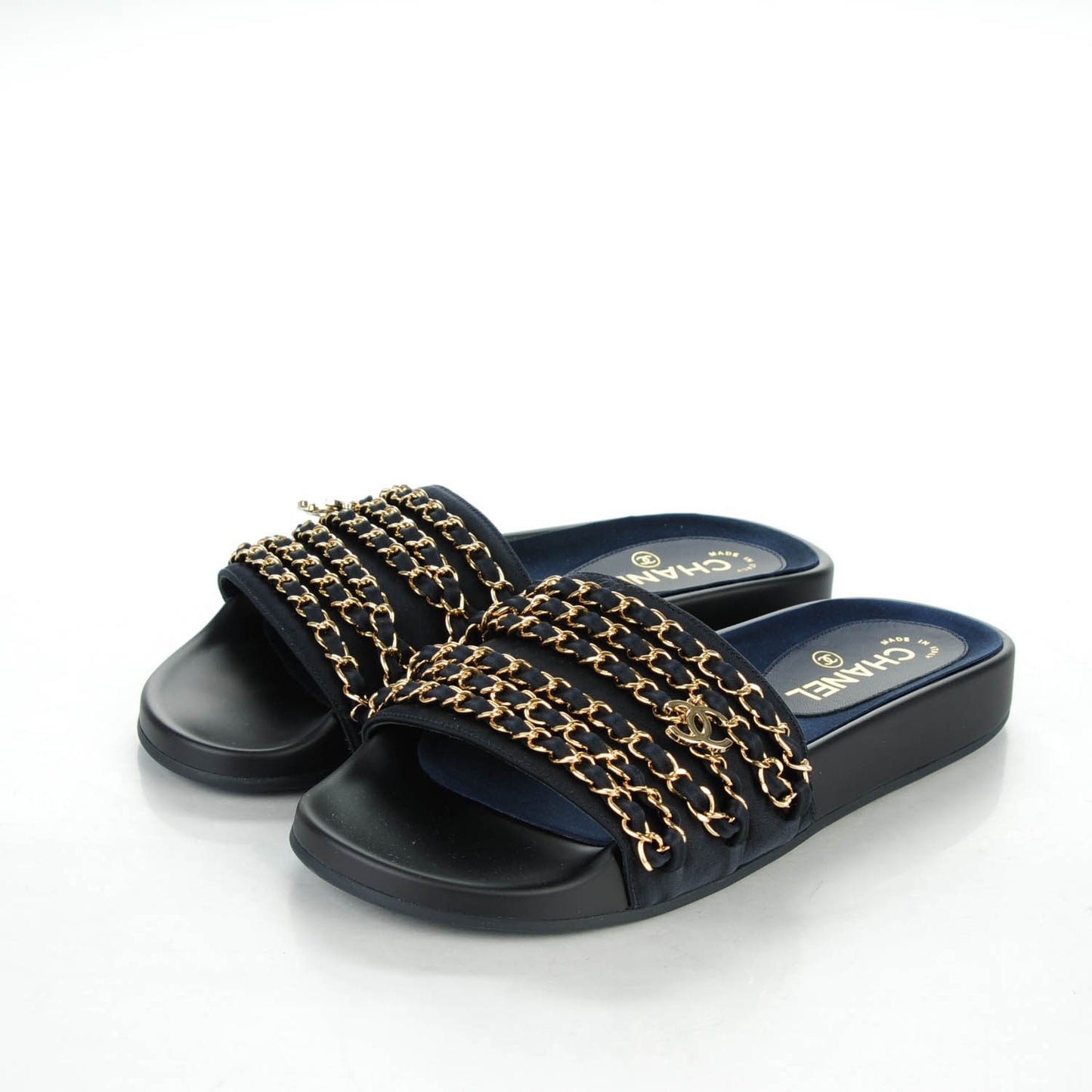 Lambskin Canvas Chain Flat Sandals 38 Navy