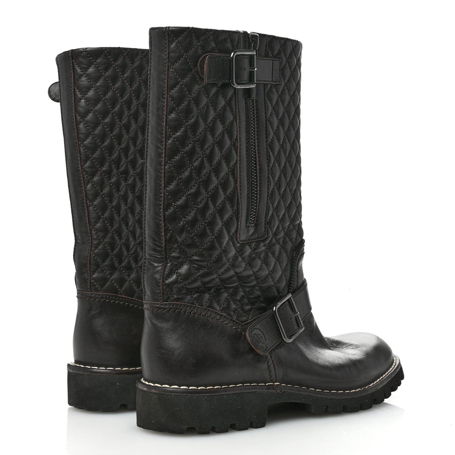Calfskin Quilted Biker Boots 39 Brown