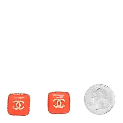 Chanel Enamel CC Square Earrings Coral Gold 2 of 4