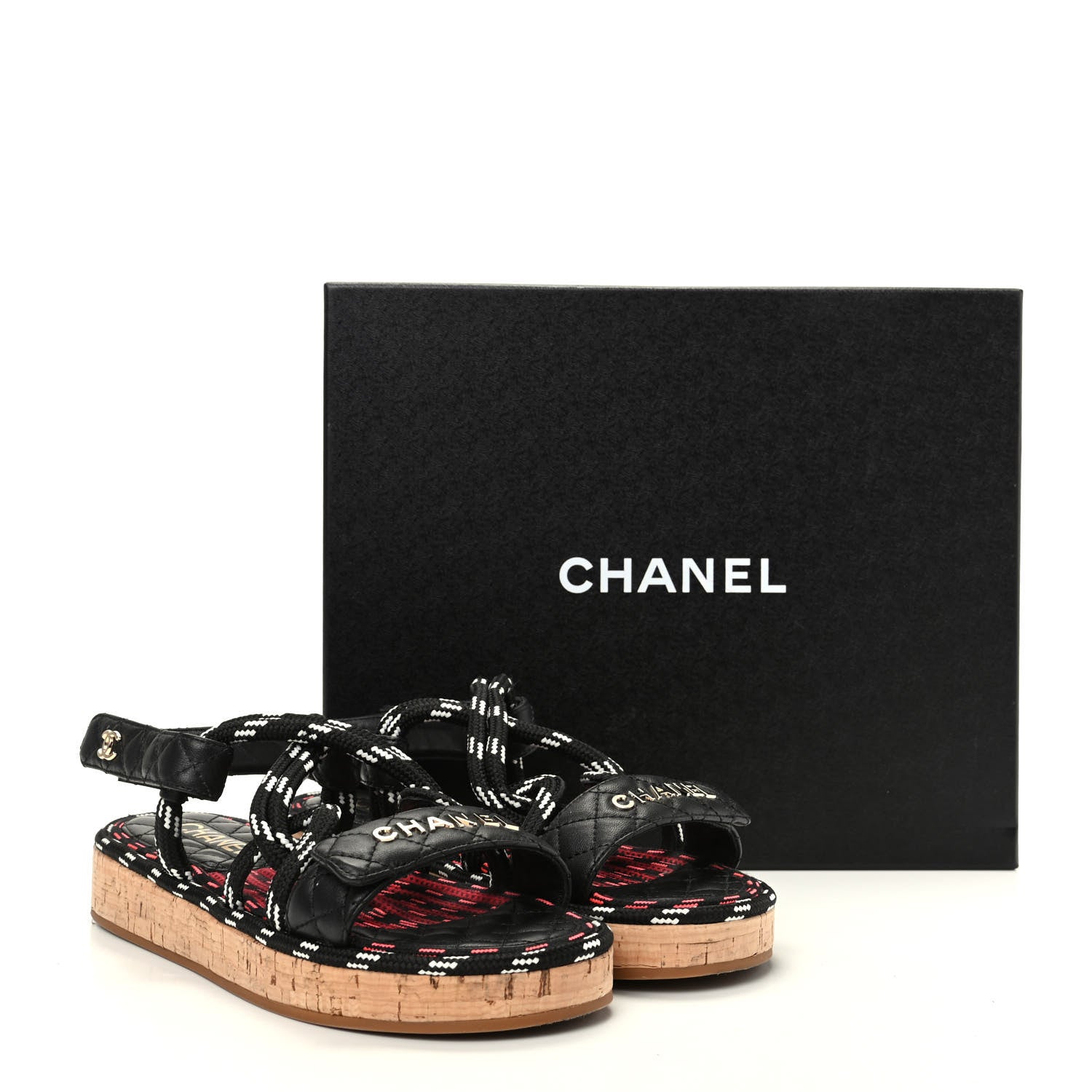 Chanel Cord Lambskin Quilted Logo Sandals 39 Black White 11 of 11