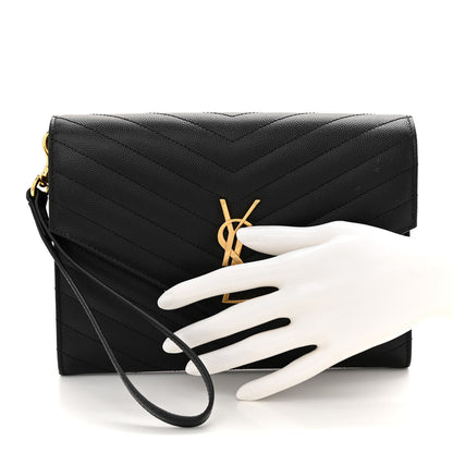 Saint Laurent Grain De Poudre Matelasse Chevron Monogram Envelope Clutch Black 2 of 11