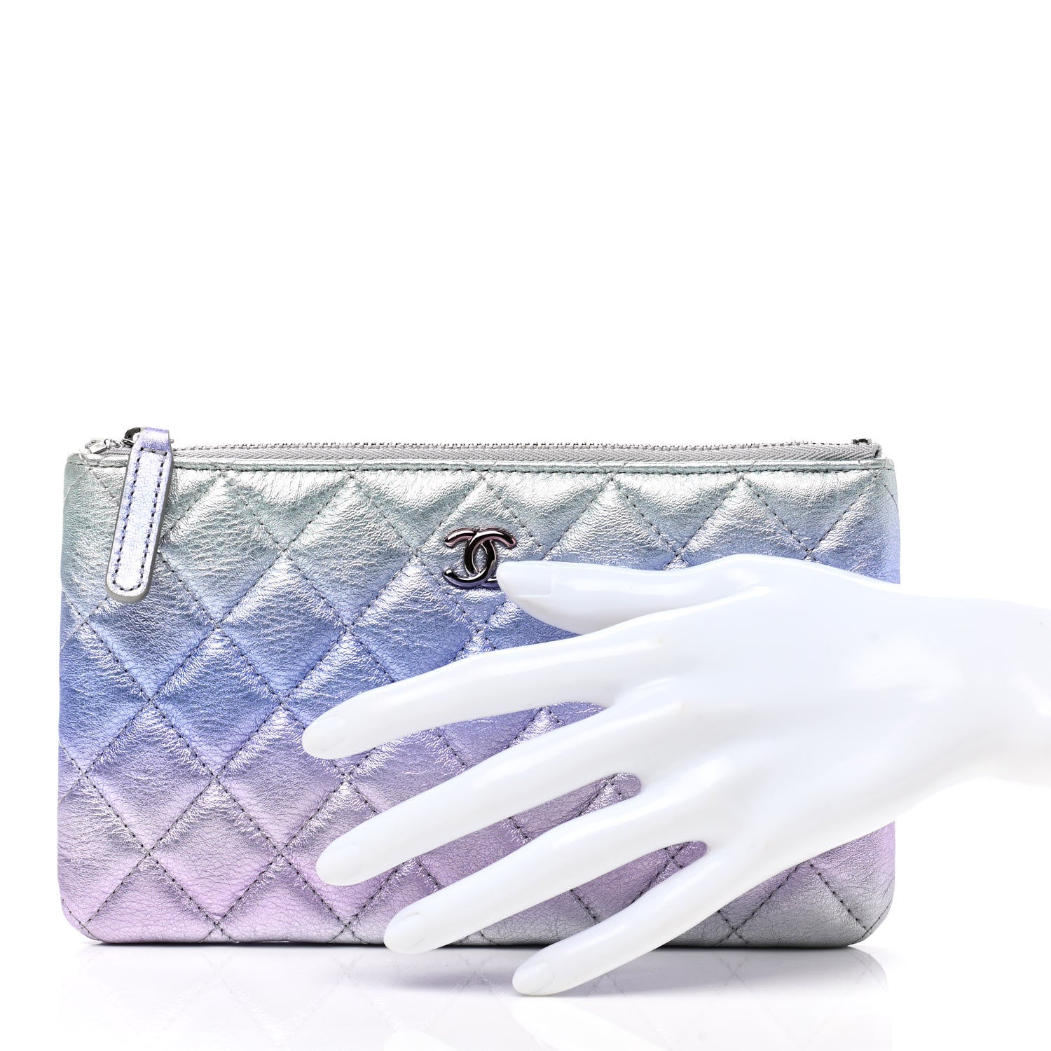 Chanel Gradient Metallic Calfskin Quilted Cosmetic Case Silver Blue Yellow Purple 2 of 9