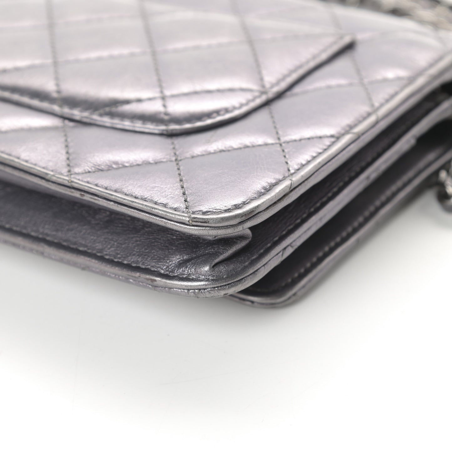 Metallic Aged Calfskin Quilted Reissue Wallet On Chain WOC Dark Silver