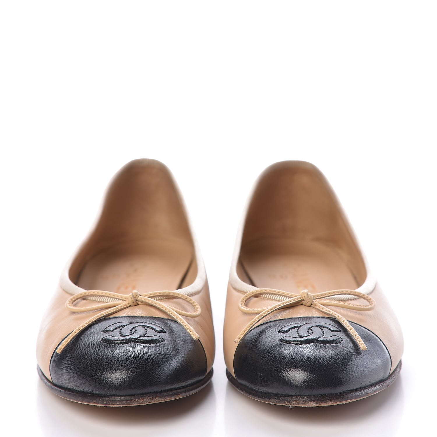 Chanel Lambskin CC Cap Toe Ballerina Flats 37.5 Beige Black 2 of 16