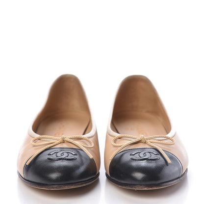 Chanel Lambskin CC Cap Toe Ballerina Flats 37.5 Beige Black 2 of 16