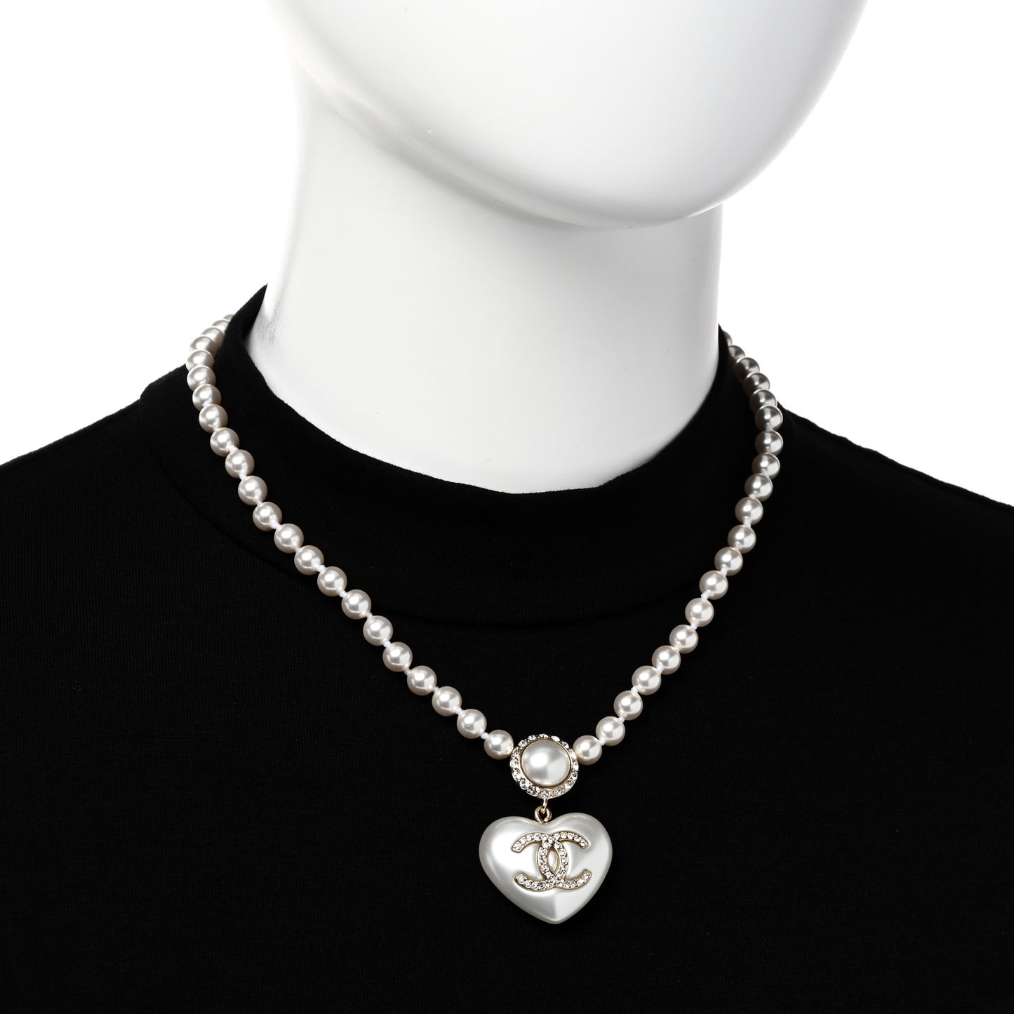 Pearl Crystal CC Heart Short Necklace Pearly White Gold