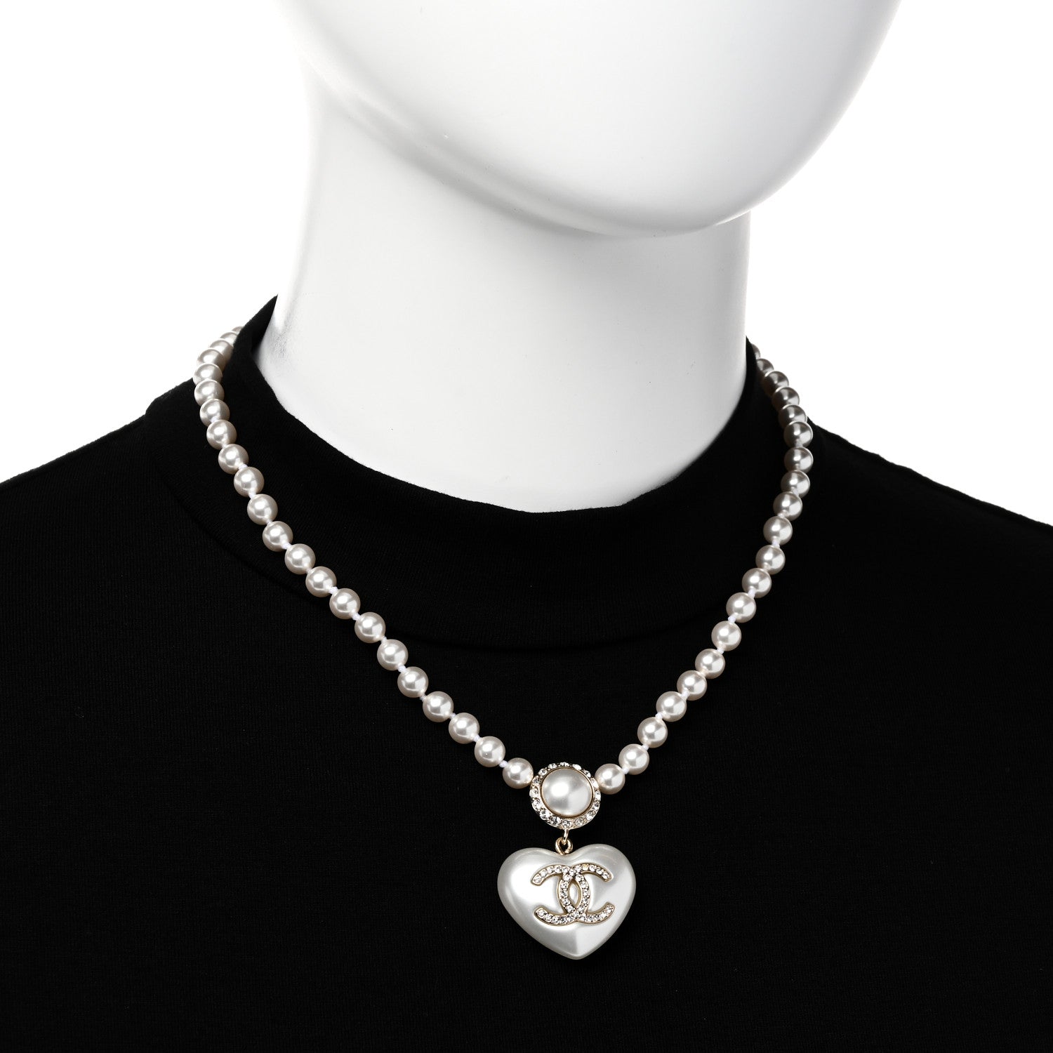 Chanel Pearl Crystal CC Heart Short Necklace Pearly White Gold 2 of 6