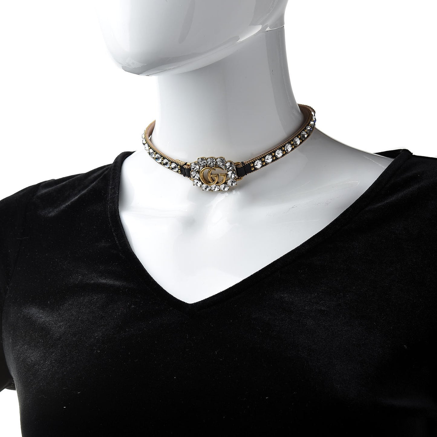 Calfskin Crystal Embellished Double G Choker Necklace Black