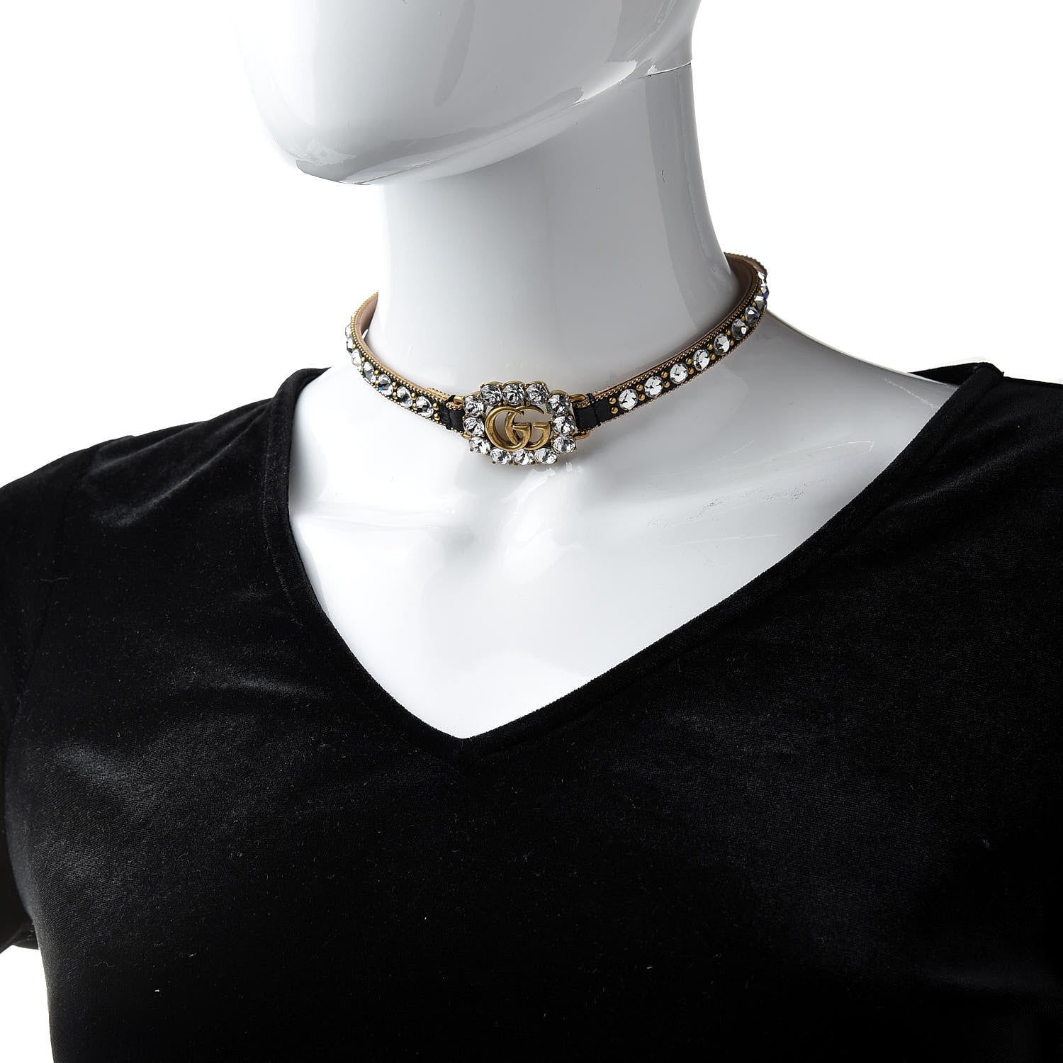 Gucci Calfskin Crystal Embellished Double G Choker Necklace Black 2 of 5