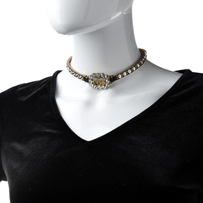 Gucci Calfskin Crystal Embellished Double G Choker Necklace Black 2 of 5