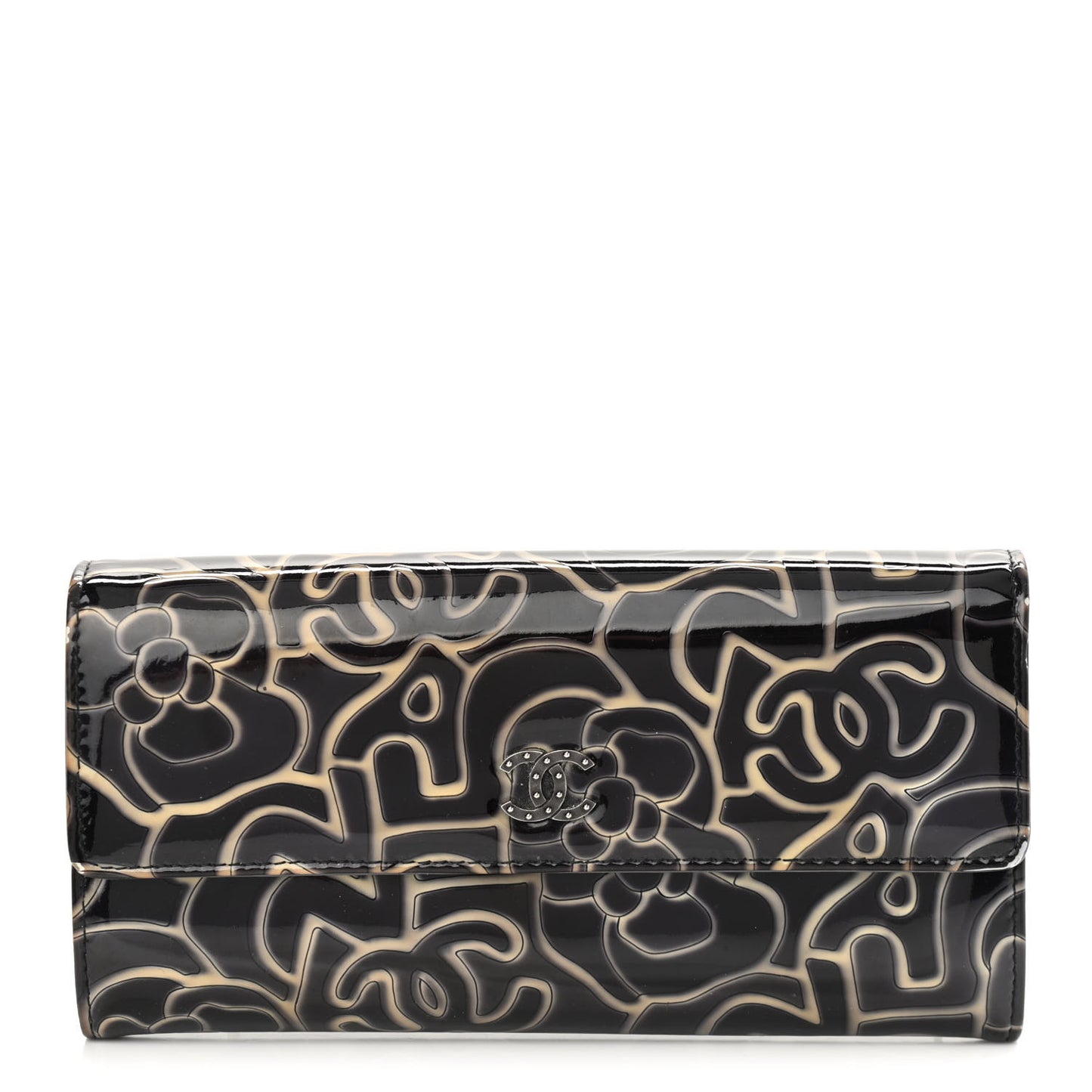 Patent Camellia Embossed Flap Wallet Dark Blue
