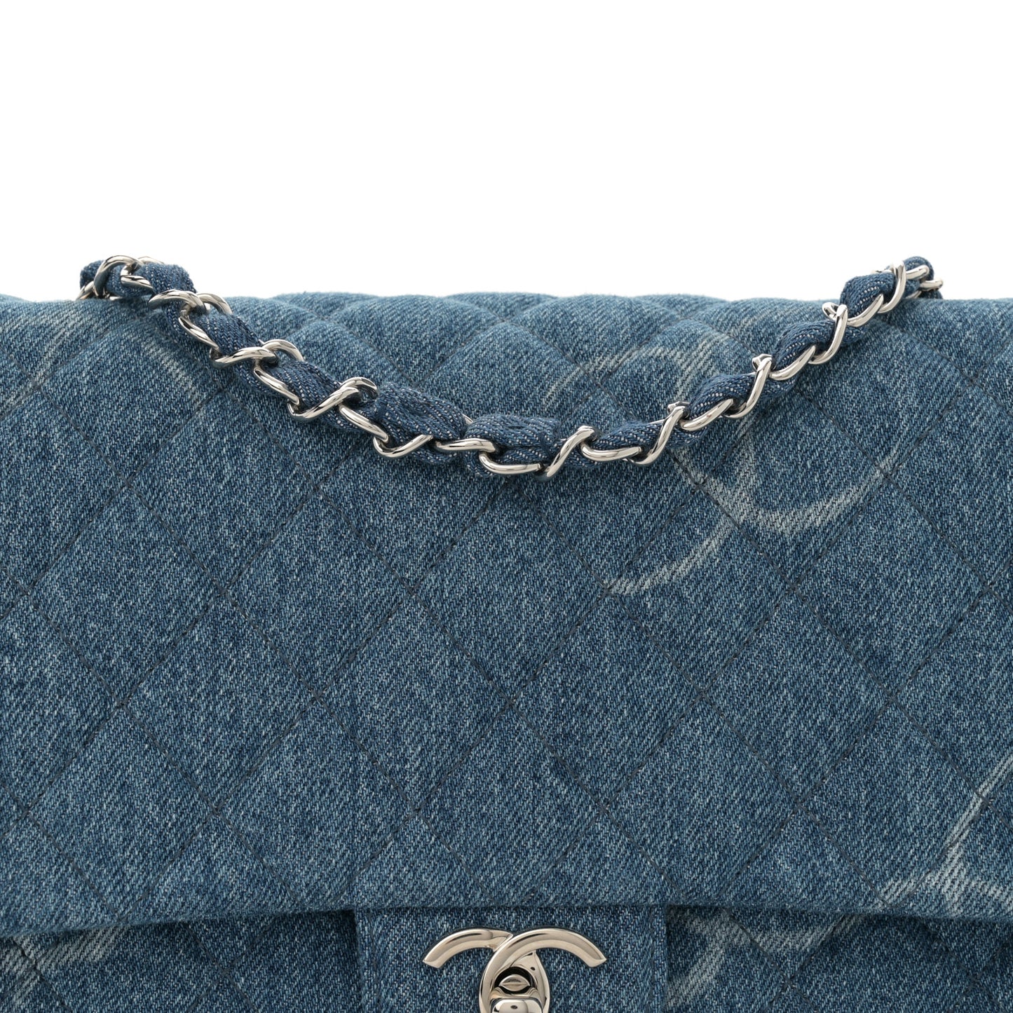 Denim Quilted CC Print Jumbo Single Flap Blue
