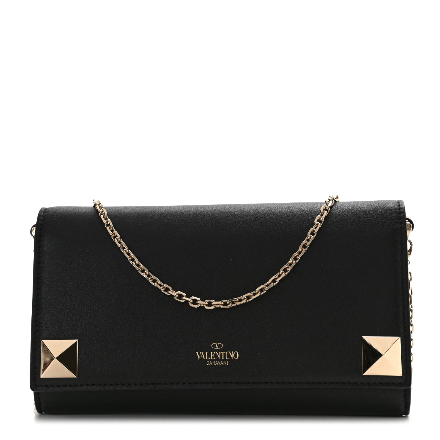 Valentino Garavani Calfskin Stud Flap Wallet On Chain Black 1 of 8