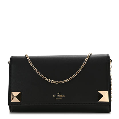 Valentino Garavani Calfskin Stud Flap Wallet On Chain Black 1 of 8