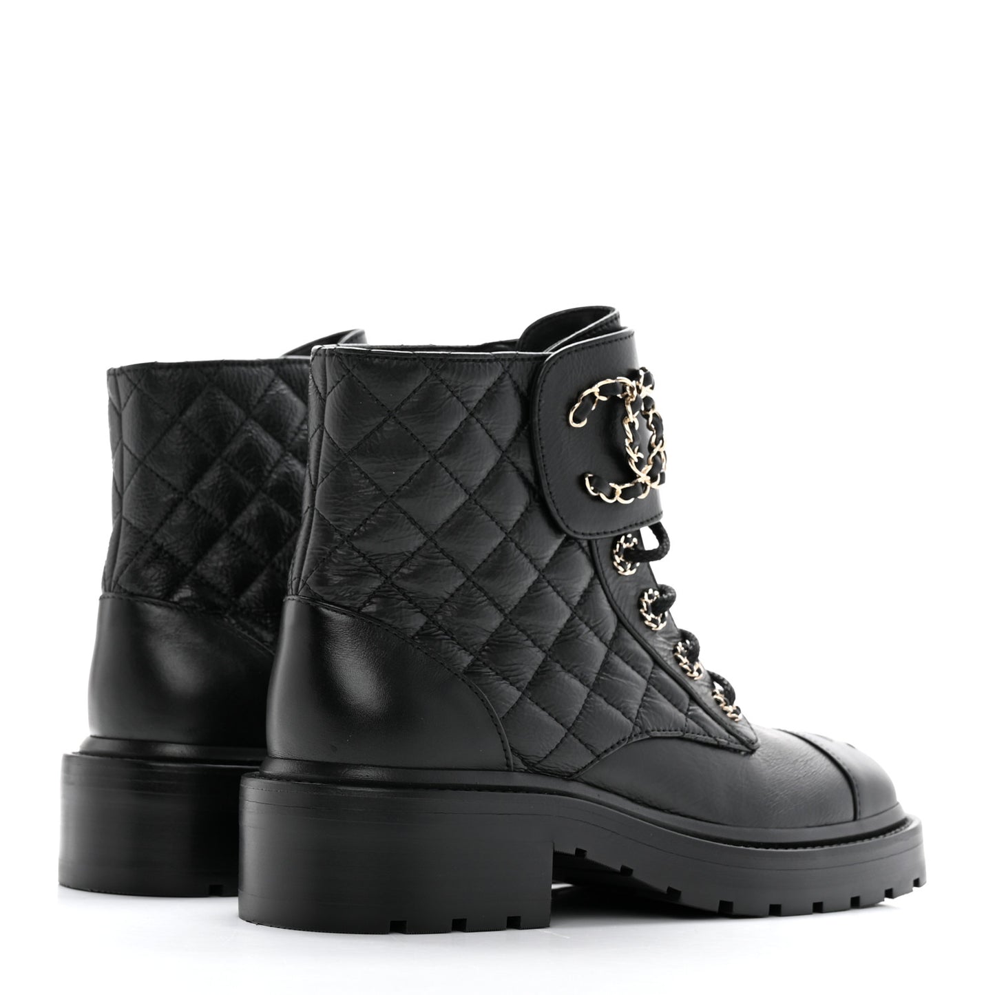 Shiny Calfskin Quilted Lace Up Combat Boots 36.5 Black