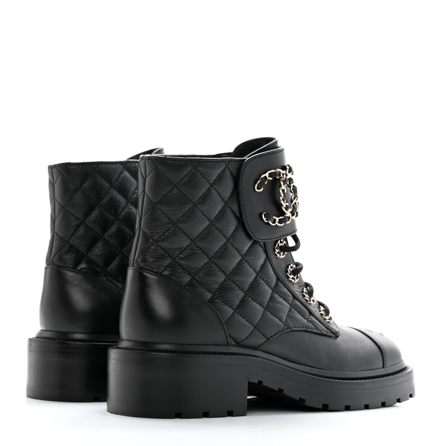 Chanel Shiny Calfskin Quilted Lace Up Combat Boots 36.5 Black 4 of 16
