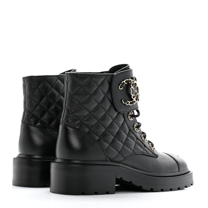 Chanel Shiny Calfskin Quilted Lace Up Combat Boots 36.5 Black 4 of 16
