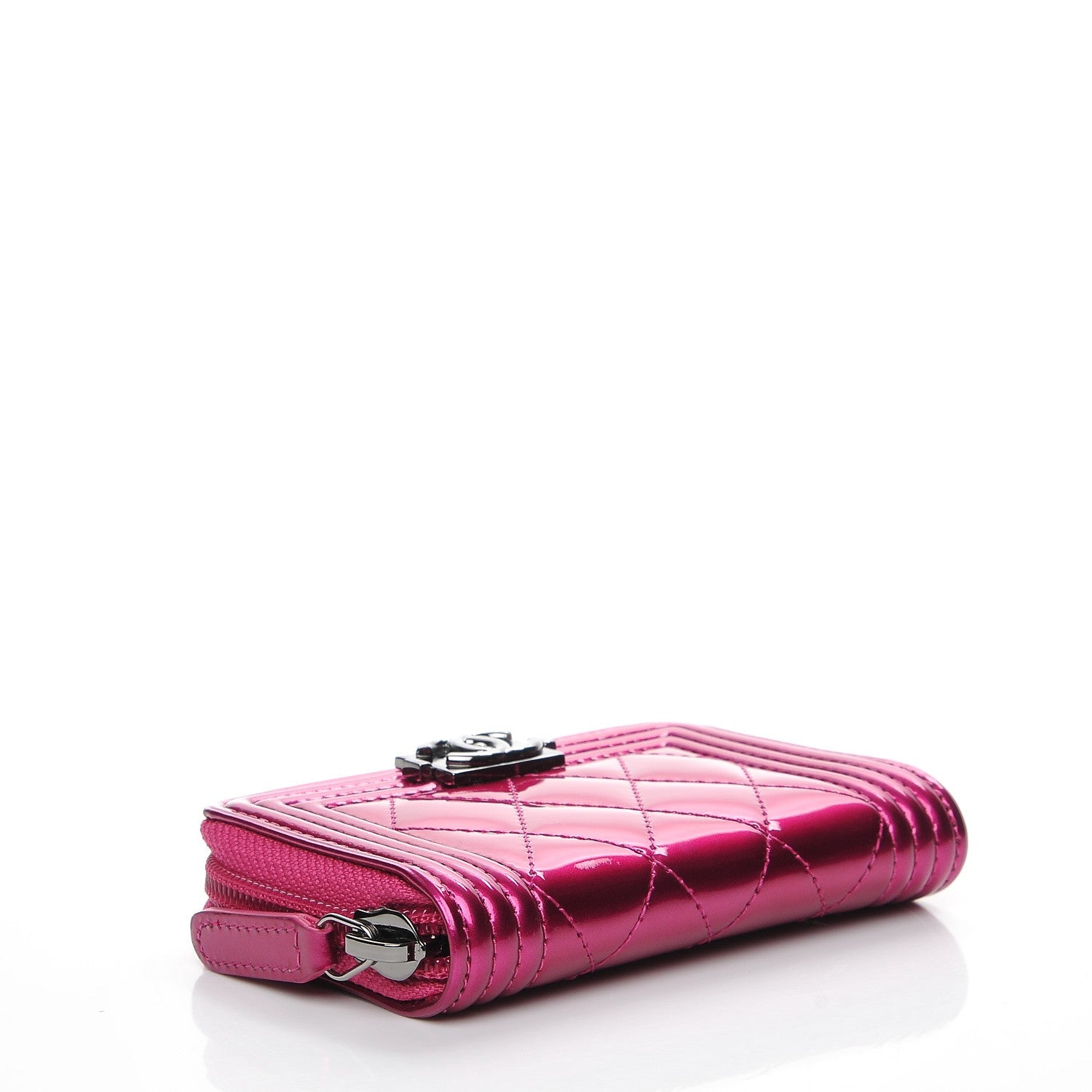 Chanel Metallic Patent Quilted Zip Around Boy Coin Purse Wallet Fuchsia 4 of 8
