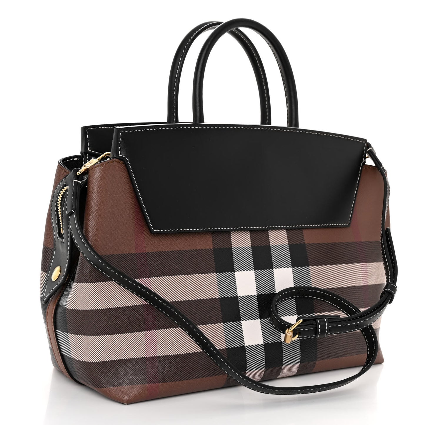E-Canvas Check Calfskin Medium Catherine Tote Bag Dark Birch Brown