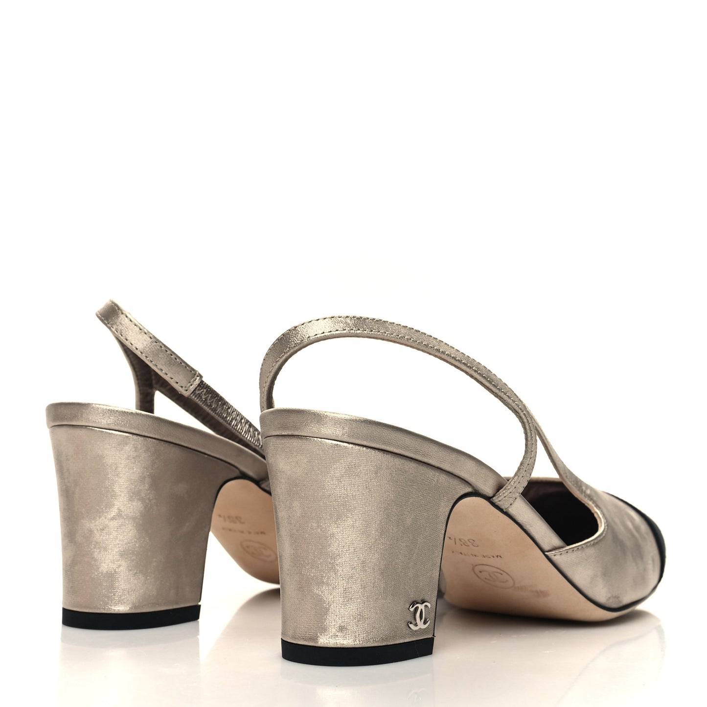Laminated Lambskin Grosgrain Cap Toe CC Slingback Sandals 38.5 Copper Black
