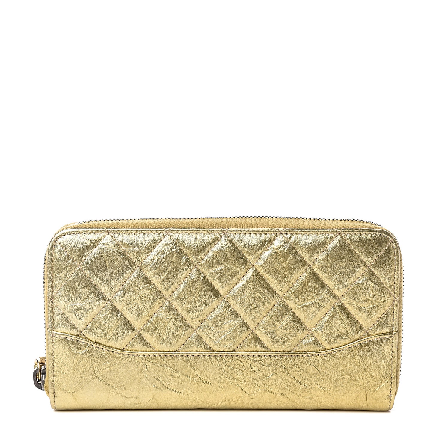 Metallic Aged Calfskin Quilted Large Gabrielle Zip Around Wallet Gold