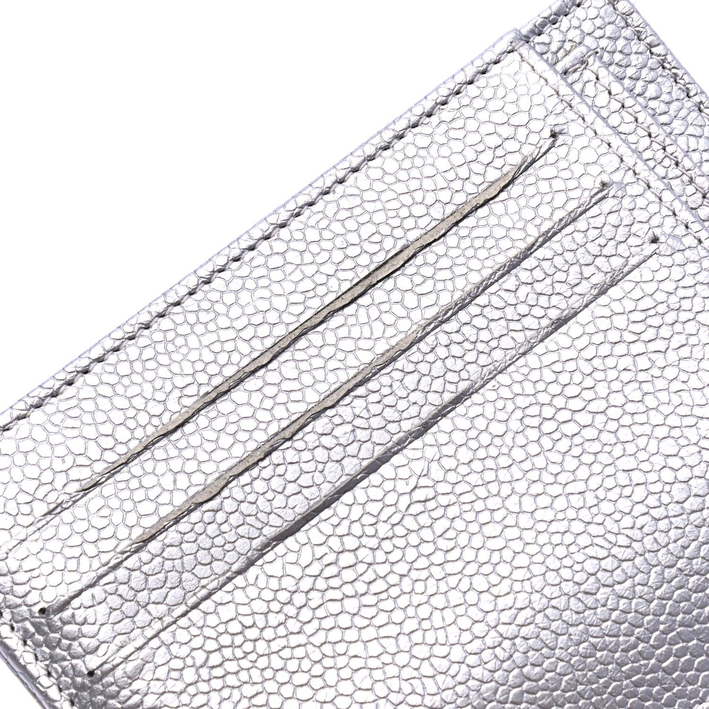 Metallic Caviar Quilted Compact Flap Wallet Silver