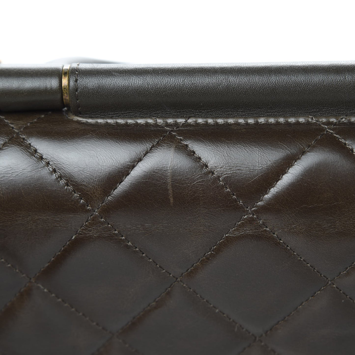 Glazed Calfskin Quilted Large Gold Bar Top Handle Flap Dark Grey