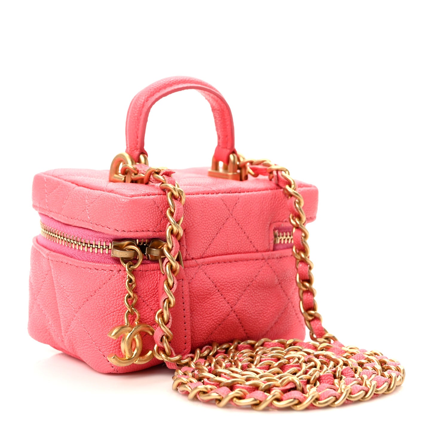 Caviar Quilted Mini Top Handle Vanity With Chain Pink