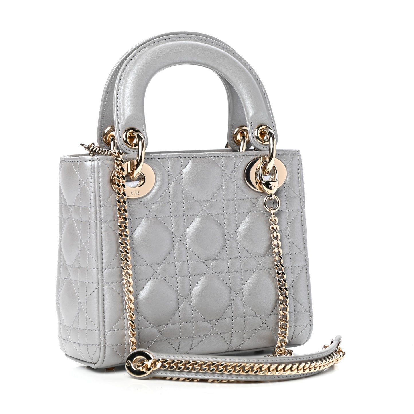 Metallic Lambskin Cannage Mini Lady Dior Grey
