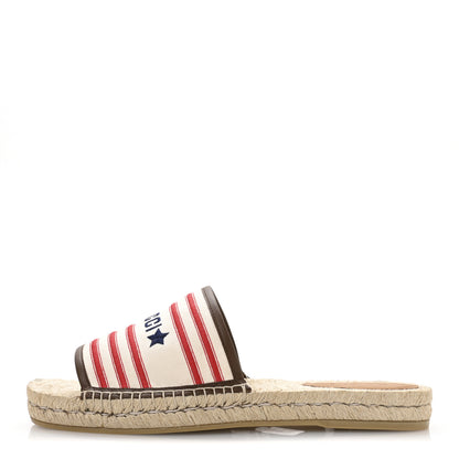 Gucci Canvas Miro Soft Calfskin Striped Mens Espadrille Flat Slide Sandals 10 Greggio Brown Sugar 1 of 9