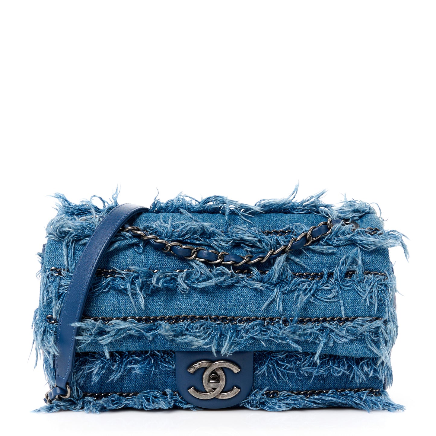 Calfskin Denim Paris Dubai Fringe Chains Small Flap Blue