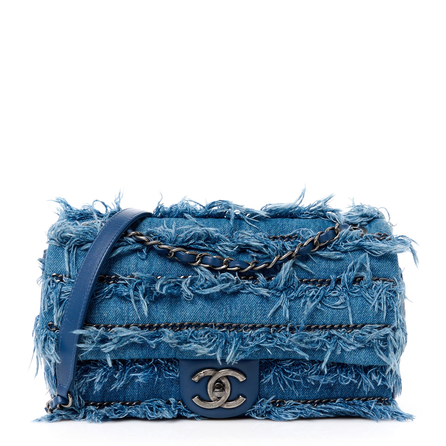 Chanel Calfskin Denim Paris Dubai Fringe Chains Small Flap Blue 1 of 12